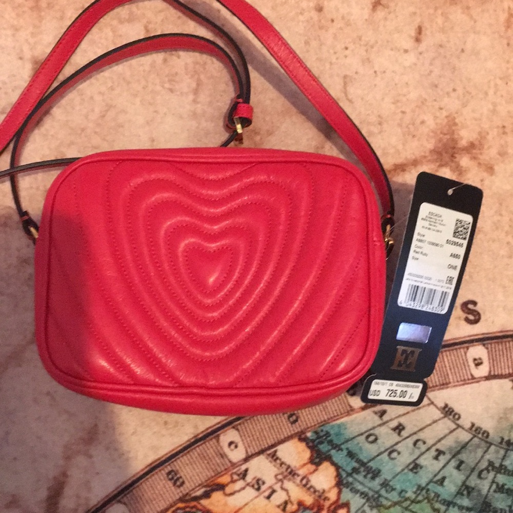 Escada Camera Heart Bag. Gold tone hardware.